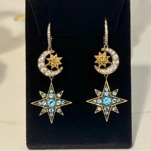 18k Gold Multi-Gemstone Celestial Star and Moon Earrings - Picture 8 of 9